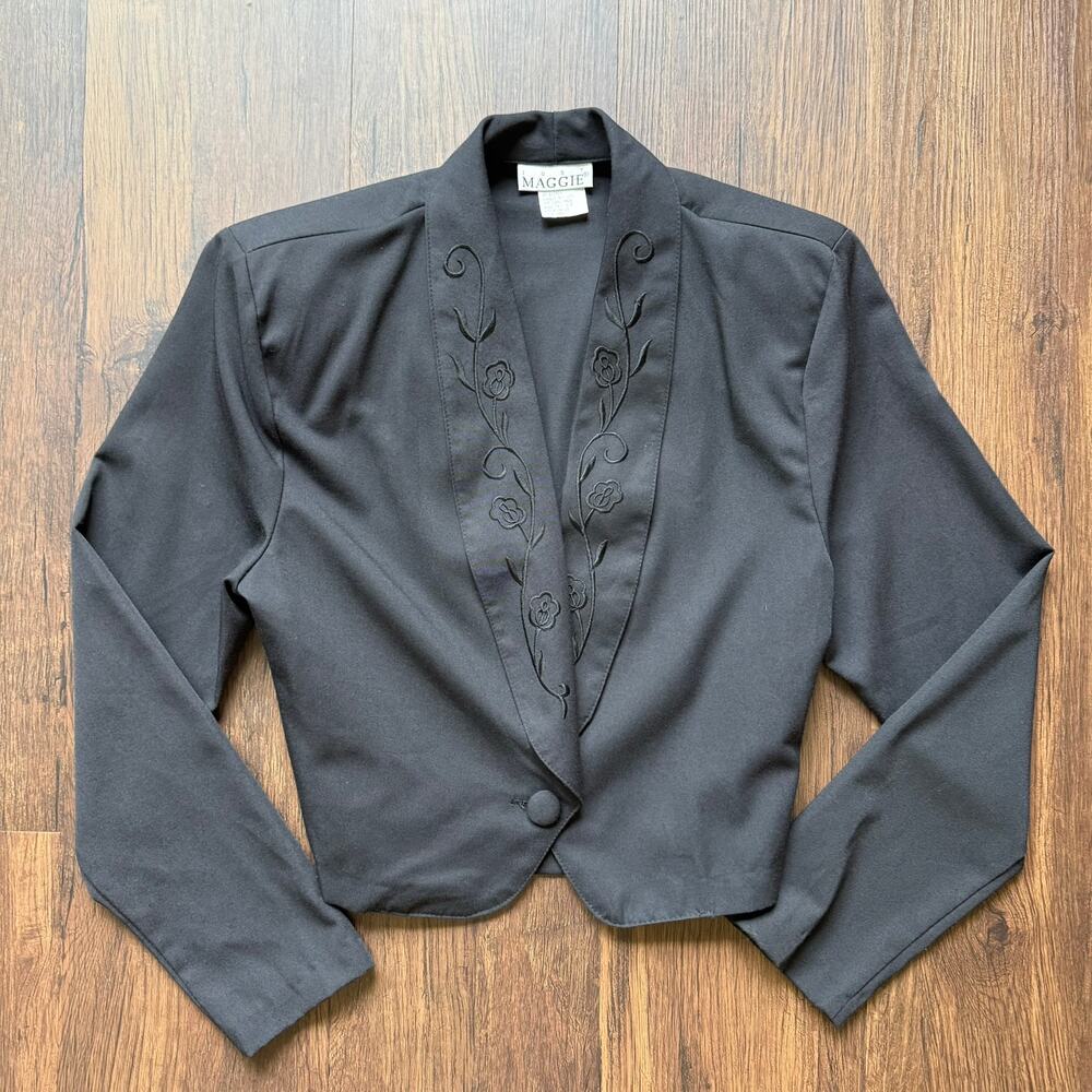 Just Maggie Black Cropped Blazer Embroidered Lapel Women’s S Made in USA